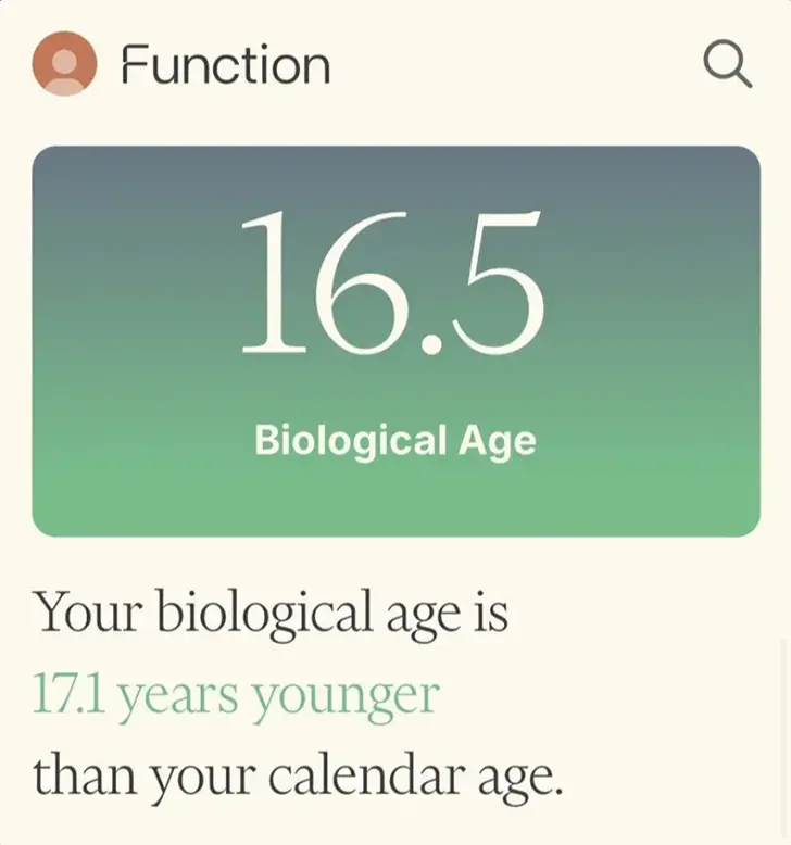Function Health app showing biological age score