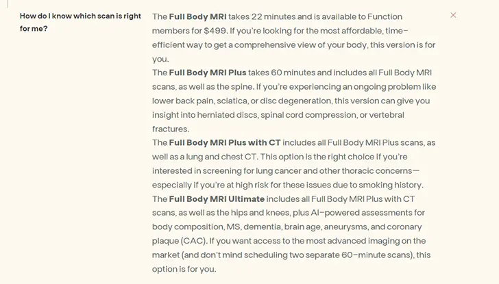Breakdown of Function Health MRI scan options and what each includes
