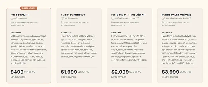 Function Health MRI package comparison with pricing and scan details