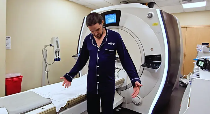 Preparing for a full-body MRI scan with Ezra-branded pajamas